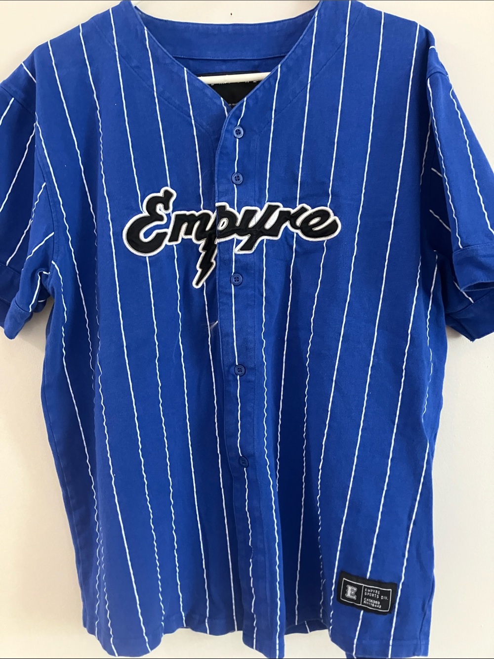 Empyre Blue Pinstripe Button-Up Jersey with Script Logo. XL